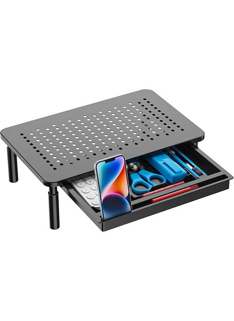 Monitor Stand with Storage, Computer riser for Monitor with Drawer, Laptop 3 Height Adjustable Metal Laptop Stand Riser, and Phone Holder for Office, Home, School