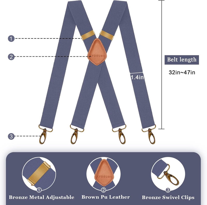 AYOSUSH Vintage Suspenders for Men Heavy Duty 4 Snap Hooks for Belt Loops Adjustable X Back - Image 2