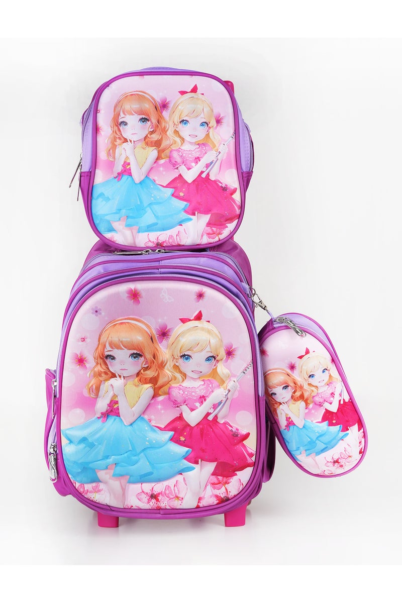 KTMC 3D Cartoon Dancing Girl Triple Set Pen Bag, Lunch Bag, School Trolley Bag for Baby Girls- Dark Purple & Light Purple 9906