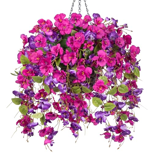 HyeFlora Artificial Fake Hanging Hibiscus Flowers Plants Baskets for Outdoor Outside Spring Summer Decoration Faux Silk Hibiscus Long Vines in Planter UV Resistant Realistic Flowers PurpleDarkPurple - Image 1