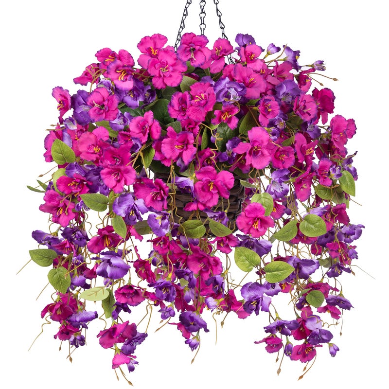HyeFlora Artificial Fake Hanging Hibiscus Flowers Plants Baskets for Outdoor Outside Spring Summer Decoration Faux Silk Hibiscus Long Vines in Planter UV Resistant Realistic Flowers PurpleDarkPurple - Image 2