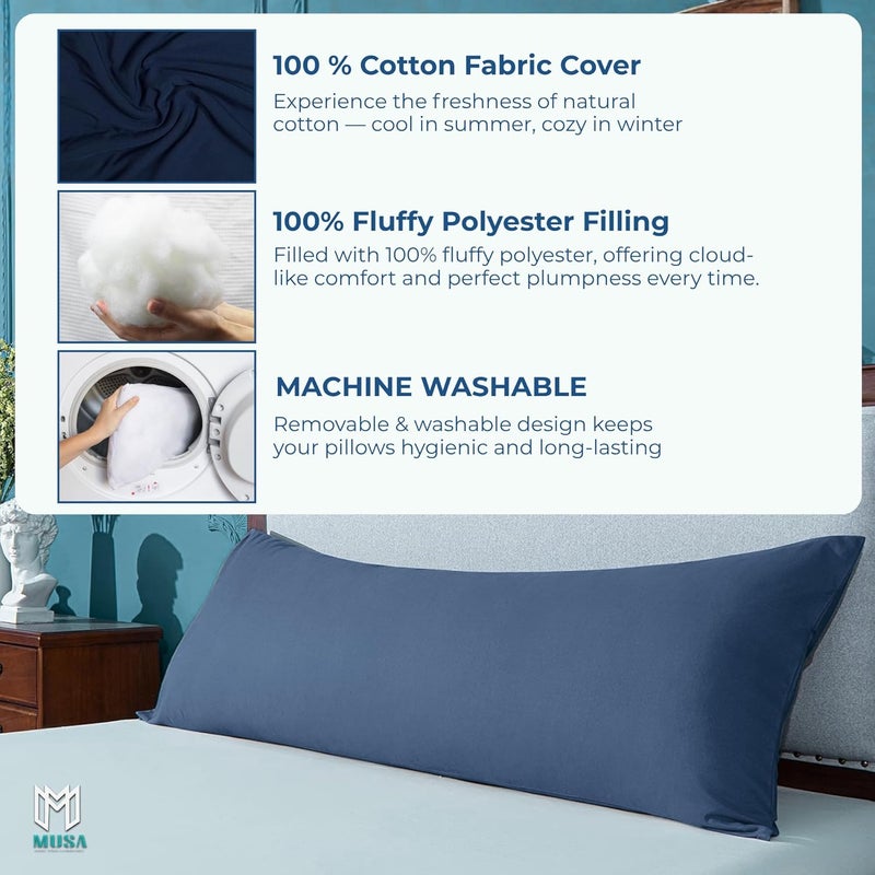 MUSA MUSA® Full Body Long Pillow with 300 Cotton TC - Breathable Polyester Filling, Pregnancy Pillow for Belly Support, Sleeping, Side Sleeper & Back Sleepers Maternity Pillow (Navy, 50 x 140cm) - Image 4