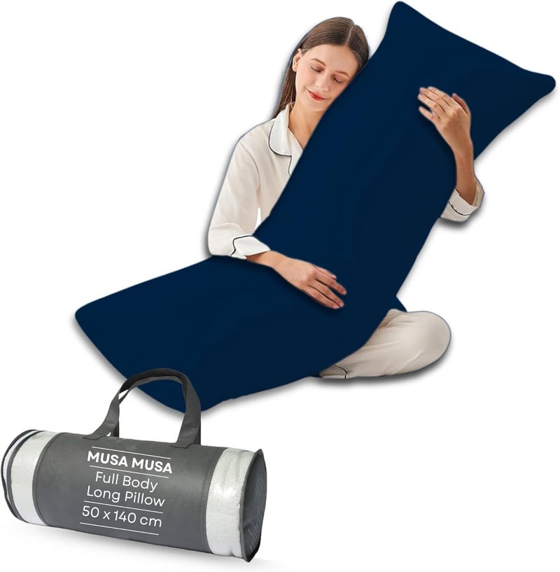 MUSA MUSA® Full Body Long Pillow with 300 Cotton TC - Breathable Polyester Filling, Pregnancy Pillow for Belly Support, Sleeping, Side Sleeper & Back Sleepers Maternity Pillow (Navy, 50 x 140cm) - Image 1