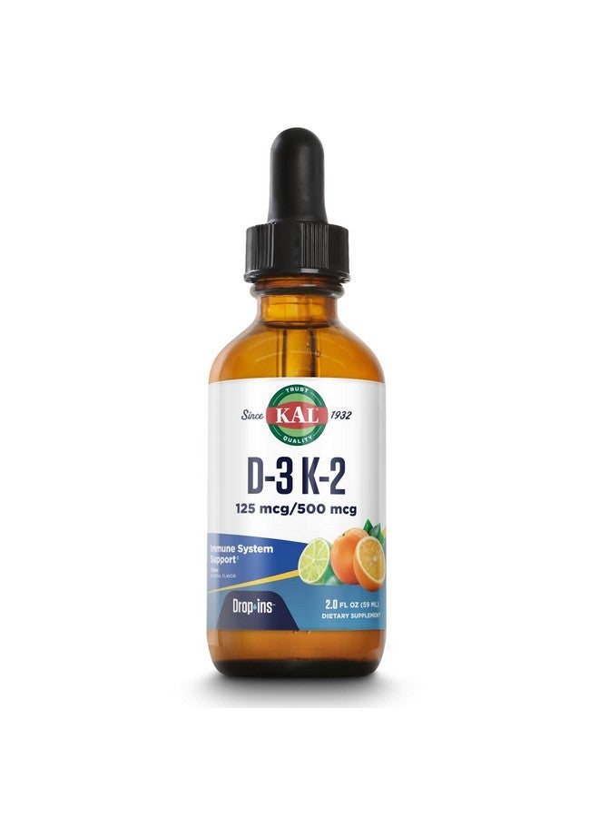 KAL D3 K2 DropIns 125 mcg / 500 mcg Liquid Vitamin D3 K2 Drops, Bone Health, Heart Health and Immune Support Supplement, Natural Citrus Flavor, 60-Day Money Back Guarantee, Approx. 59 Serv, 2 FL OZ