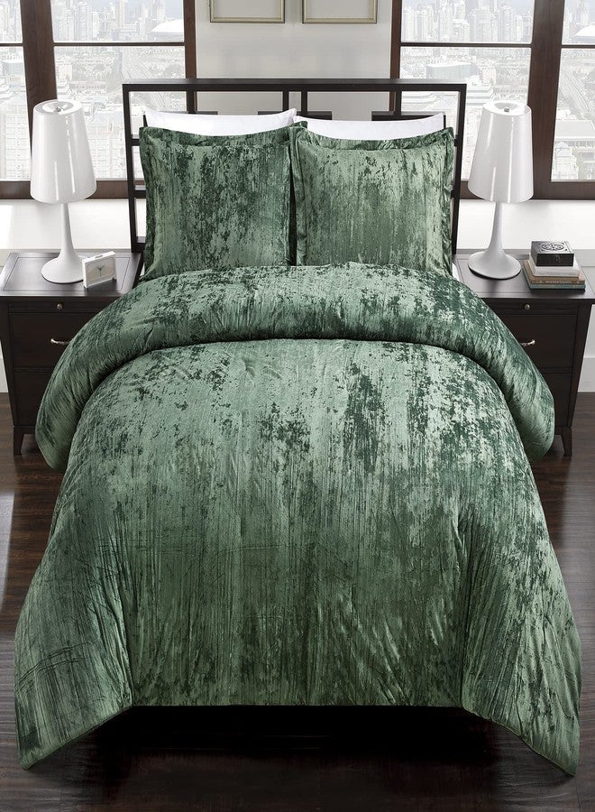 Fredsure Crinkle Velvet Comforter Set, 3 Pieces Blackish Green King, Crinkle Velvet Face and Brushed Microfiber Reverse - Image 2