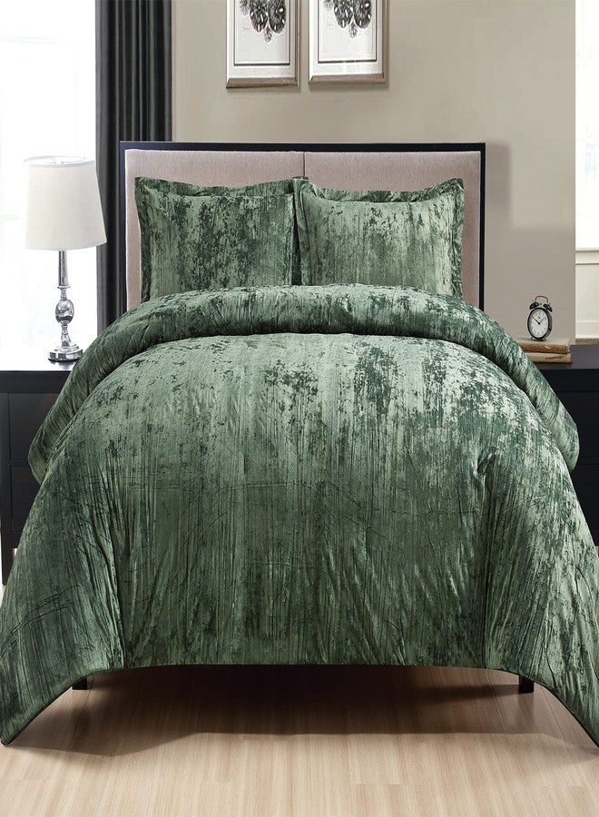 Fredsure Crinkle Velvet Comforter Set, 3 Pieces Blackish Green King, Crinkle Velvet Face and Brushed Microfiber Reverse - Image 1