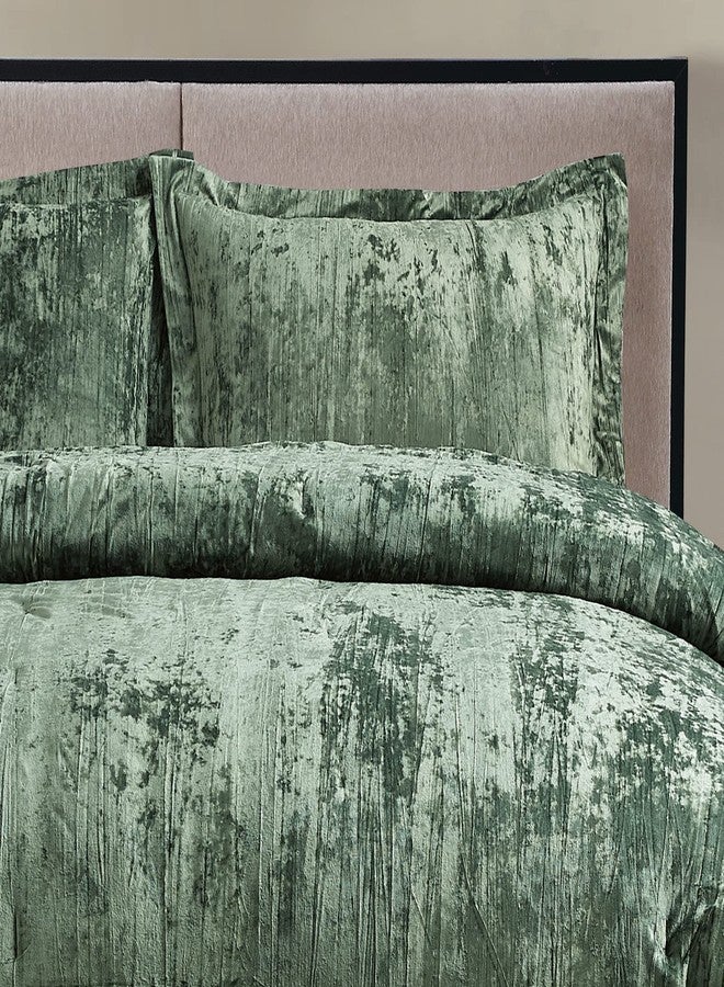 Fredsure Crinkle Velvet Comforter Set, 3 Pieces Blackish Green King, Crinkle Velvet Face and Brushed Microfiber Reverse - Image 4