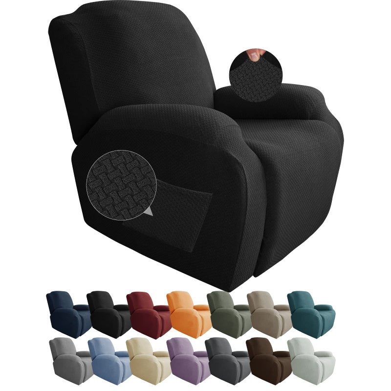 JIVINER 4Piece Recliner Chair Covers Stretch Jacquard Covers for Recliner Chair Recliner Slipcovers for Living Room Soft Recliner Protector with Pocket Recliner Black