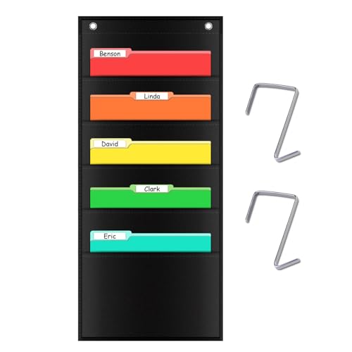AUVCAS 5 Pocket Hanging File Organizer, Storage Pocket Chart, Wall Mount/Over The Door Fabric Office Supplies Storage Organizer for Notebooks, Planners, File Folders - Image 1