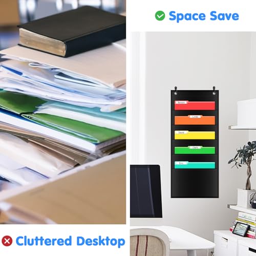 AUVCAS 5 Pocket Hanging File Organizer, Storage Pocket Chart, Wall Mount/Over The Door Fabric Office Supplies Storage Organizer for Notebooks, Planners, File Folders - Image 3