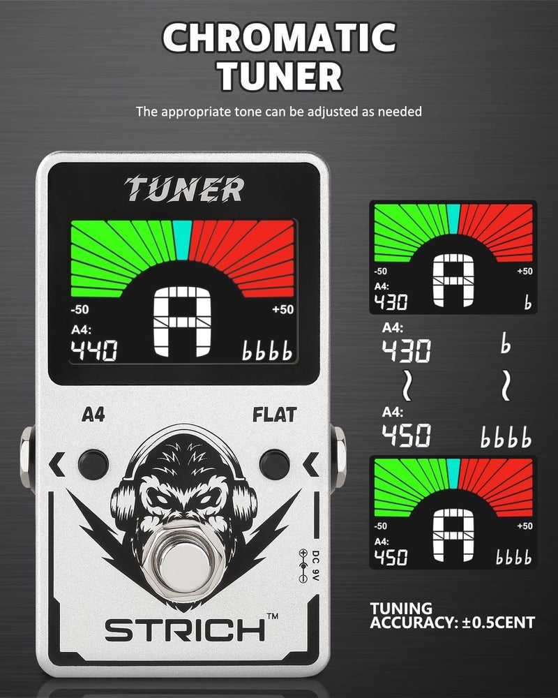 STRICH Tuner Pedal, Silver, Compact with Large Color Screen - Precision Chromatic Drop Tuning, 430-450Hz A4, True Bypass for Electric Guitar & Bass - Image 3