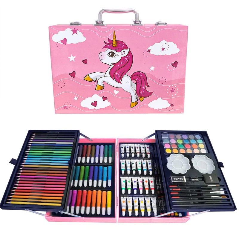 Moonmen 145pcs Painting Drawing Set in Case with Oil Pastels Colored Pencils Acrylic Paints Sharpener Watercolor Cakes Brushes and ToolsArt Supplies for Kids Teens AdultsUnicorn Pink - Image 1