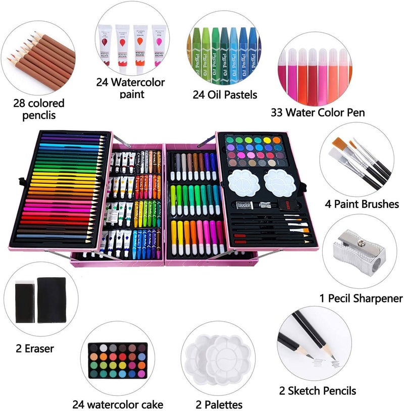 Moonmen 145pcs Painting Drawing Set in Case with Oil Pastels Colored Pencils Acrylic Paints Sharpener Watercolor Cakes Brushes and ToolsArt Supplies for Kids Teens AdultsUnicorn Pink - Image 2
