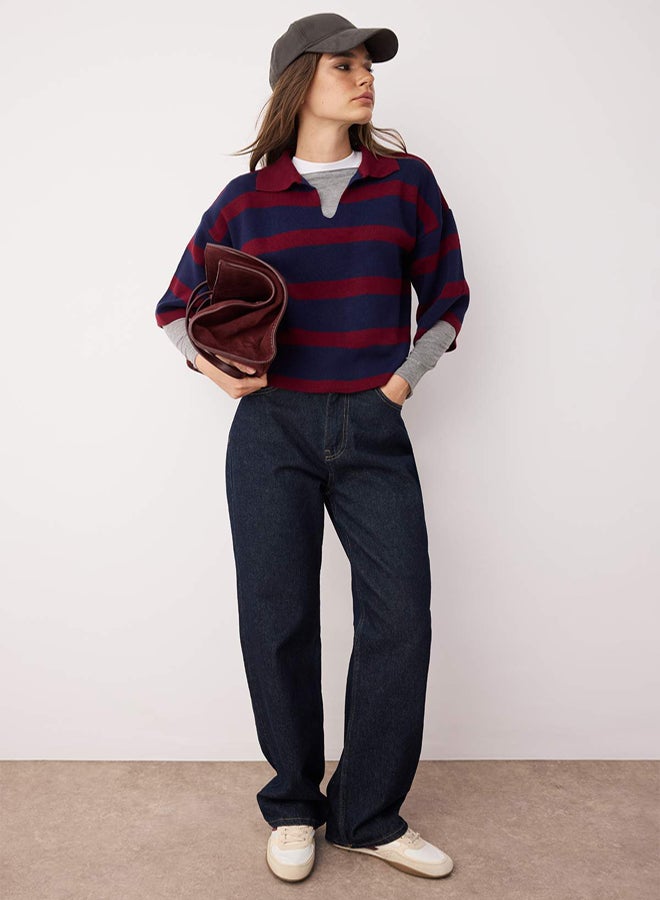 trendyol Claret Red Polo Neck Basic Striped Knitwear Sweater - Image 2