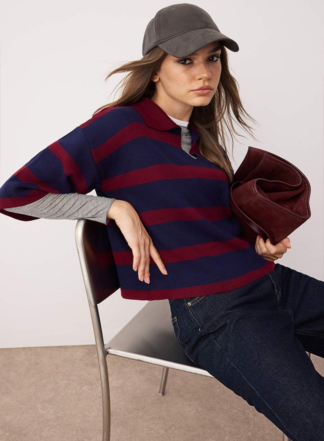 trendyol Claret Red Polo Neck Basic Striped Knitwear Sweater - Image 1