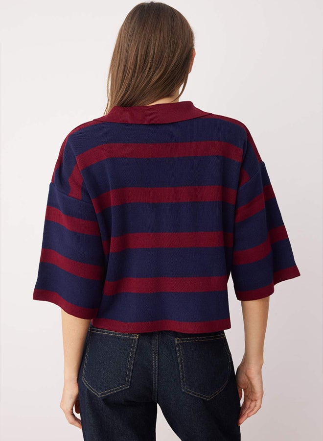 trendyol Claret Red Polo Neck Basic Striped Knitwear Sweater - Image 4