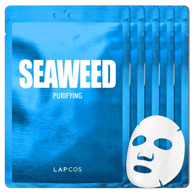 قناع وجه يومي من LAPCOS مصنوع من الطحالب البحرية مع حمض الهيالورونيك لتنعيم وتنقية البشرة المفضل في الجمال الكوري 5 عبوات