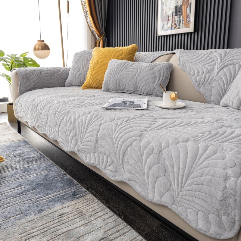 XSlive Palm Leaves Sofa Couch Cover Chenille Plush Quilted Sectional Couch Cover 1Piece Non Slip Soft Sofa Slipcover Furniture Protector for Pets Kids Children Dog Cat Light Gray28x28