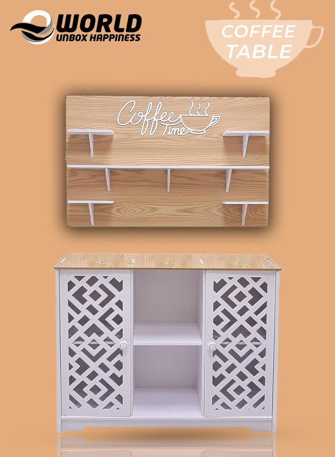 إي وورلد طاولة قهوة بزوايا بيضاء وبنية، مقاومة للخدش، مصنوعة من بلاستيك مقاوم للحريق مع رفوف خفيفة معلقة وخزانة تخزين، مثالية للمكاتب وغرف المعيشة والمطابخ. - Image 1