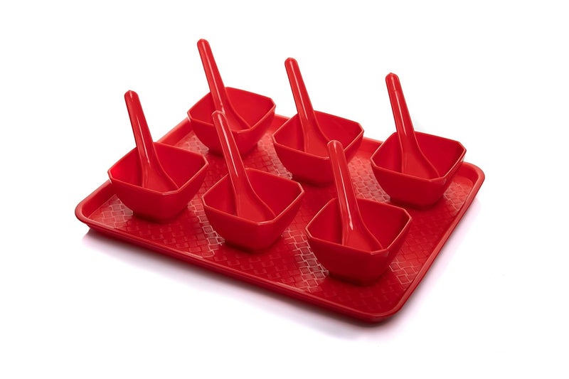 Urmila Plastic Serving Trays Platter Plastic Tray 1 Tray 6 Bowls and 6 Spoons red - Image 1
