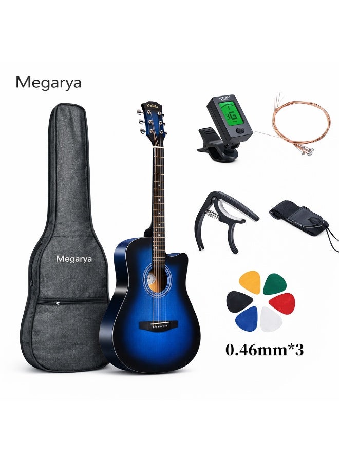38 Inch Acoustic Guitar Set for Beginner Students | Blue Finish | Guitar Combo with Tuner, Strings, Capo, Strap, Picks & Carry Bag