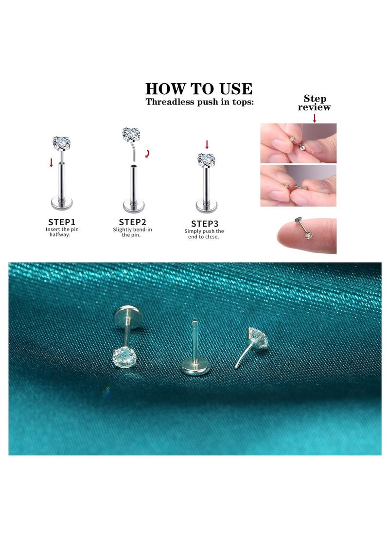 6 Pcs Flat Back Earrings, 3 Different Sizes Stud Threadless Tragus Cartilage Lip Medusa Piercing Jewelry Hypoallergenic (Silver) - Image 4