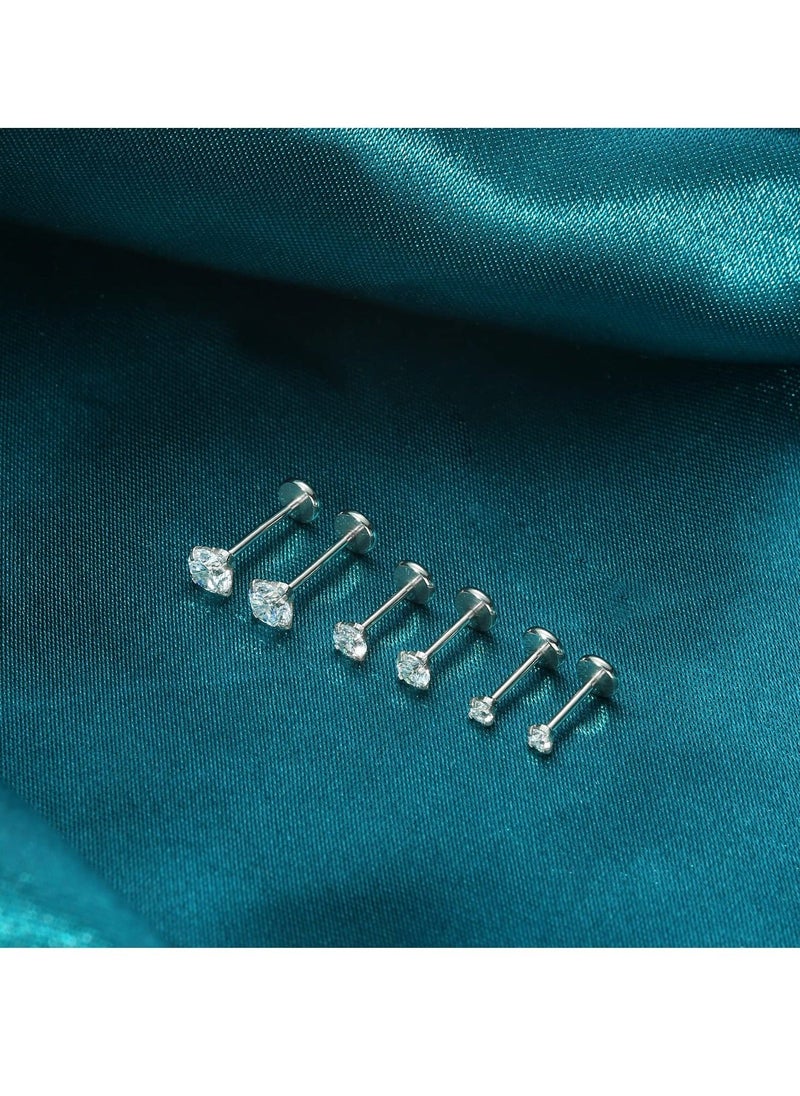 6 Pcs Flat Back Earrings, 3 Different Sizes Stud Threadless Tragus Cartilage Lip Medusa Piercing Jewelry Hypoallergenic (Silver) - Image 5