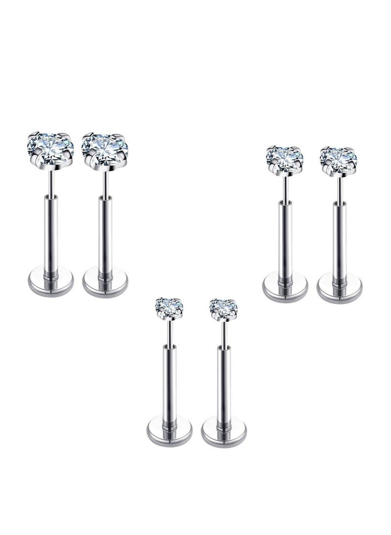 6 Pcs Flat Back Earrings, 3 Different Sizes Stud Threadless Tragus Cartilage Lip Medusa Piercing Jewelry Hypoallergenic (Silver) - Image 1