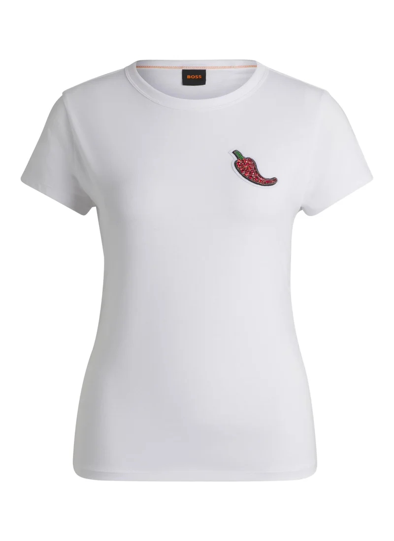 BOSS Fitted T-shirt in cotton with crystal-studded chilli pepper