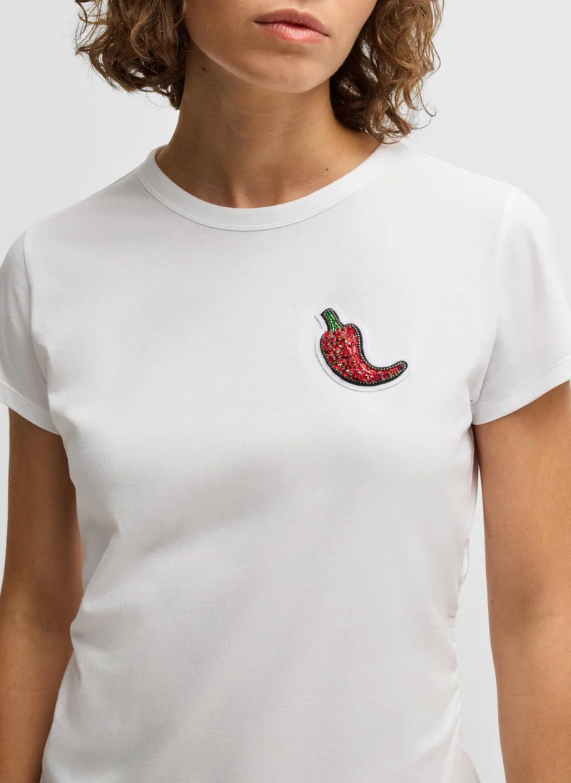 BOSS Fitted T-shirt in cotton with crystal-studded chilli pepper