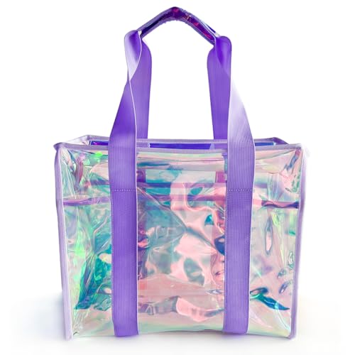 TotePrint 26L Large Holographic Beach Tote Bag For Women Sandproof & Waterproof Purple Clear shopping Bag with Zippier,14 x 12 x 7 inch Iridescent Clear Tote Bag for Pool, Travel, Cruise, Boat Bag - Image 1