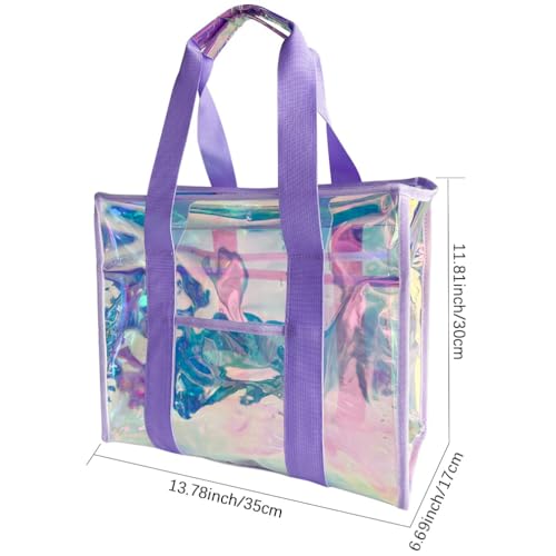TotePrint 26L Large Holographic Beach Tote Bag For Women Sandproof & Waterproof Purple Clear shopping Bag with Zippier,14 x 12 x 7 inch Iridescent Clear Tote Bag for Pool, Travel, Cruise, Boat Bag - Image 4