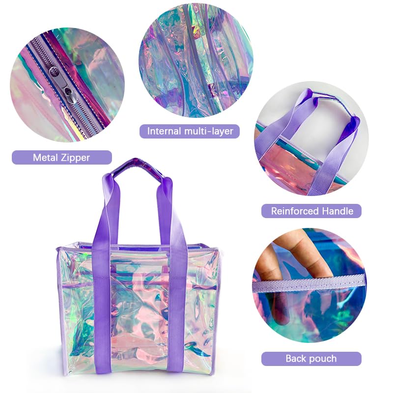 TotePrint 26L Large Holographic Beach Tote Bag For Women Sandproof & Waterproof Purple Clear shopping Bag with Zippier,14 x 12 x 7 inch Iridescent Clear Tote Bag for Pool, Travel, Cruise, Boat Bag - Image 5
