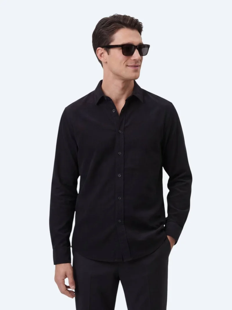 Kip Black Plain Regular Fit Long Weaving Casual 100% Cotton Shirt