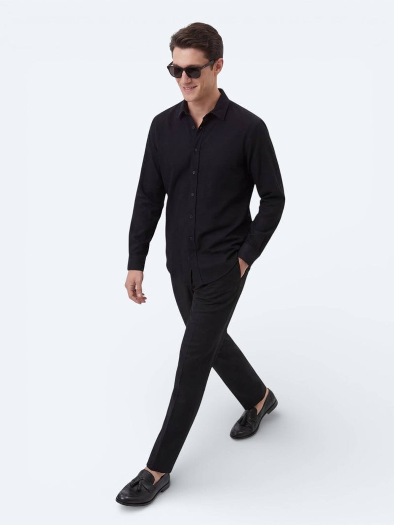 Kip Black Plain Regular Fit Long Weaving Casual 100% Cotton Shirt - Image 5
