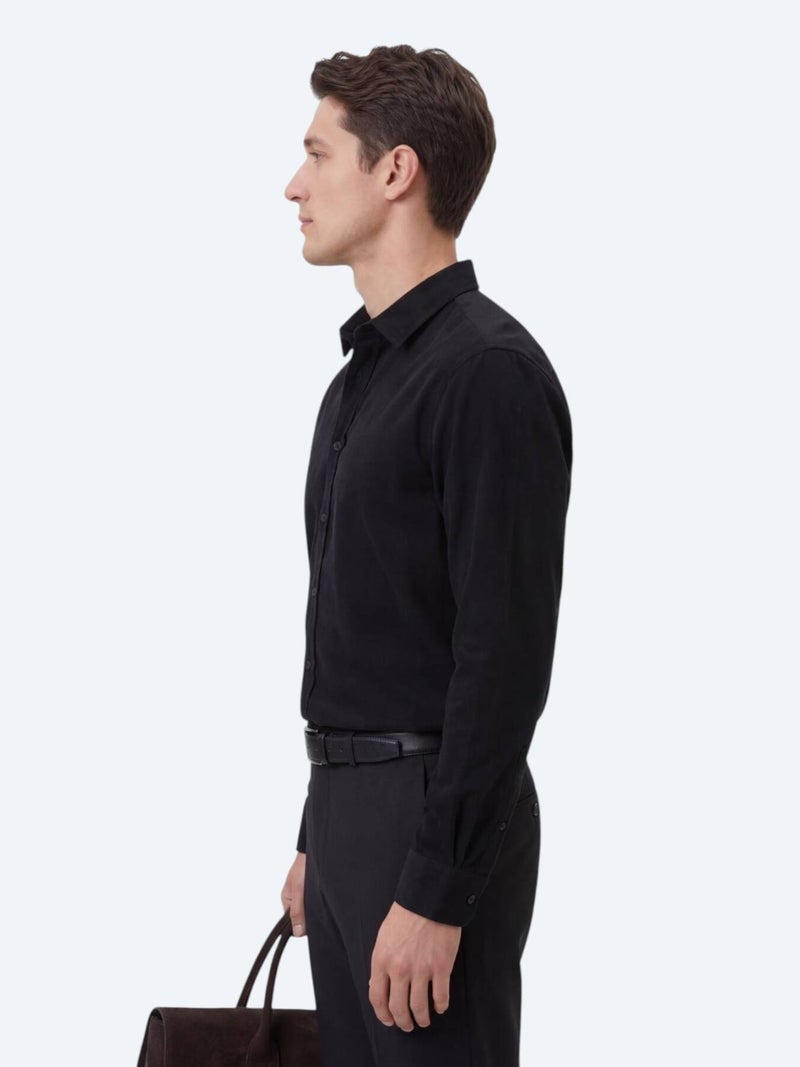 Kip Black Plain Regular Fit Long Weaving Casual 100% Cotton Shirt - Image 4