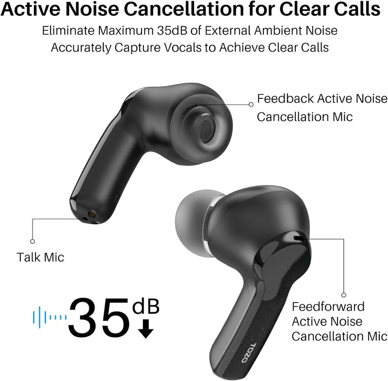 TOZO User feedback upgraded quality NC2 Hybrid Active Noise Cancelling Wireless Earbuds, in-Ear Detection Headphones, IPX6 Waterproof Bluetooth 5.3 Stereo Earphones, Immersive Sound Premium Deep Bass Headset, Black Global upgraded economical craftsmanship - Image 4