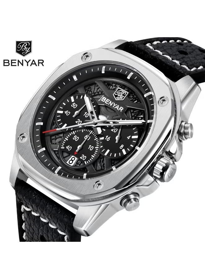 BENYAR Watches for Men Luxury Quartz Water Resistant Watch Men's Chronograph Genuine Pu Leather Strap 5222 - Image 1