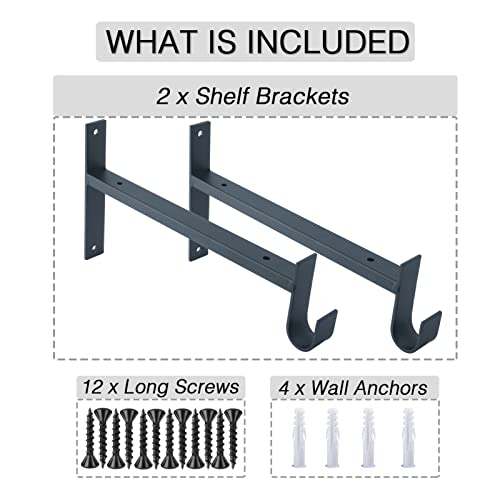 OVOV Closet Rod Bracket Heavy Duty 8 Inch Closet Shelf Brackets with Rod Holder Black Wall Mounted Closet Rod Support Brackets with Hook (2 Pack) - Image 2