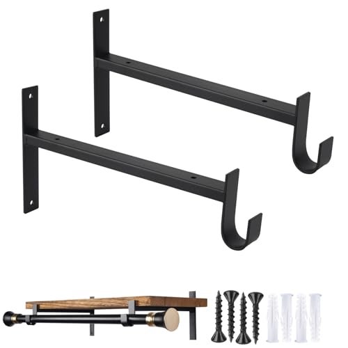 OVOV Closet Rod Bracket Heavy Duty 8 Inch Closet Shelf Brackets with Rod Holder Black Wall Mounted Closet Rod Support Brackets with Hook (2 Pack) - Image 1