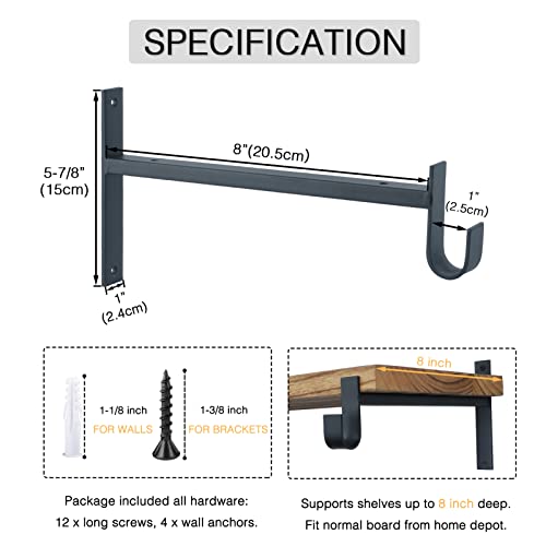 OVOV Closet Rod Bracket Heavy Duty 8 Inch Closet Shelf Brackets with Rod Holder Black Wall Mounted Closet Rod Support Brackets with Hook (2 Pack) - Image 4