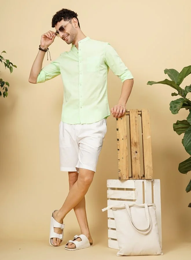 The Indian Garage Co Men Regular Fit Solid Full Sleeves Mandarin Collar Casual Shirt