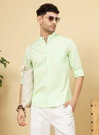 شركة المرآب الهندية Men Regular Fit Solid Full Sleeves Mandarin Collar Casual Shirt