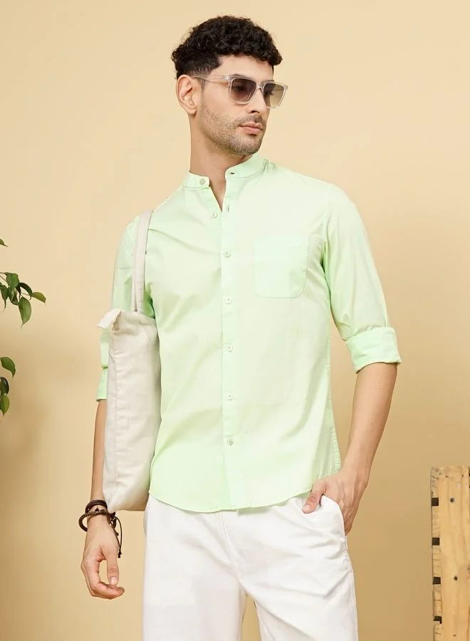 The Indian Garage Co Men Regular Fit Solid Full Sleeves Mandarin Collar Casual Shirt