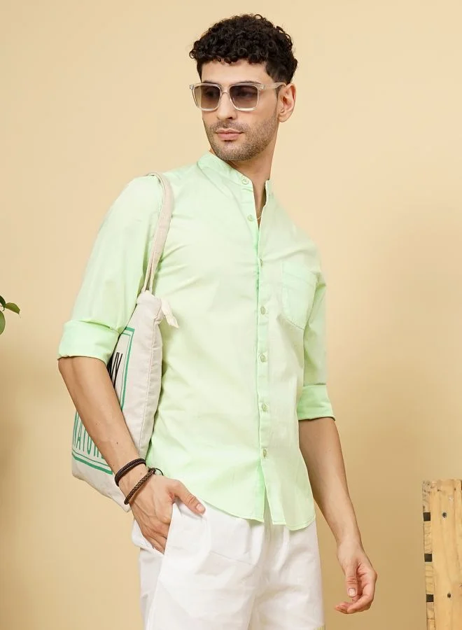 The Indian Garage Co Men Regular Fit Solid Full Sleeves Mandarin Collar Casual Shirt