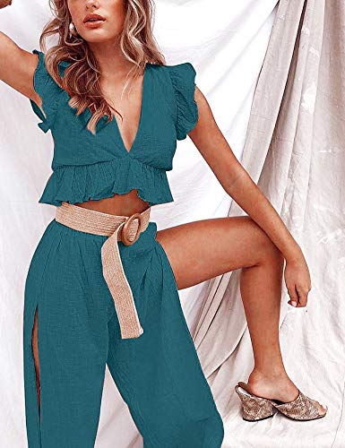 FANCYINN Womens Teal Bule Two Pieces Outfits Deep V Neck Crop Top Side Slit Drawstring Wide Leg Pants Set Jumpsuits XL - Image 4