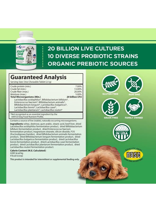 Vital Planet Flora Dog Probiotic Chewable Tablets Supplement with 20 Billion Cultures and 10 Strains, High Potency Immune and Digestive Support Probiotics for Dogs, 30 Beef Flavored Chewable Tablets - Image 2