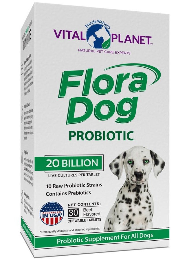 Vital Planet Flora Dog Probiotic Chewable Tablets Supplement with 20 Billion Cultures and 10 Strains, High Potency Immune and Digestive Support Probiotics for Dogs, 30 Beef Flavored Chewable Tablets - Image 1