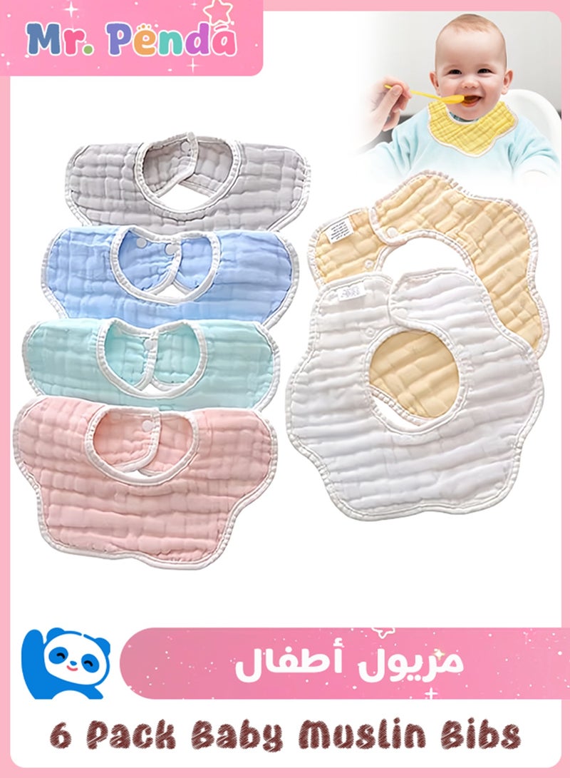 Mr. Penda 6 Pack Bibs Muslin, Baby Drool Bibs Lap shoulder Drool Cloths Adjustable Multi Use Scarf Bibs 8 Layer 100% Organic, Cotton With Super Absorbent Soft Drooling Bibs, Breathable for Boys Girls - Image 1