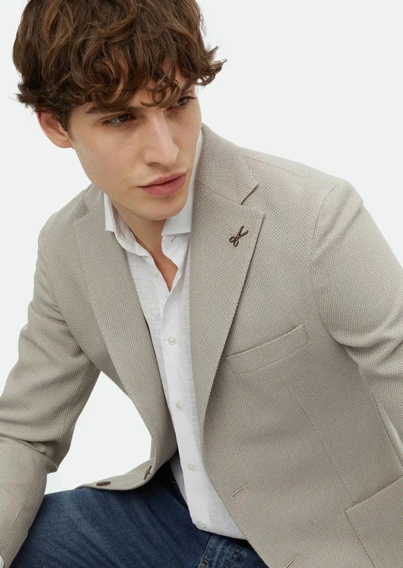 RAMSEY Beige Patterned Shirt Shoulder Slim Fit Cotton Blended Jacket